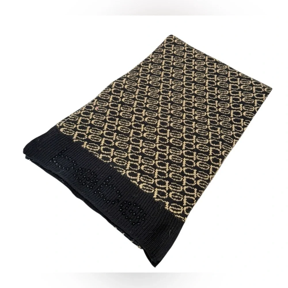 BEBE Logo Black and Gold Stocking Cap and Scarf Set Rhinestone Logo Pom Pom NWOT
